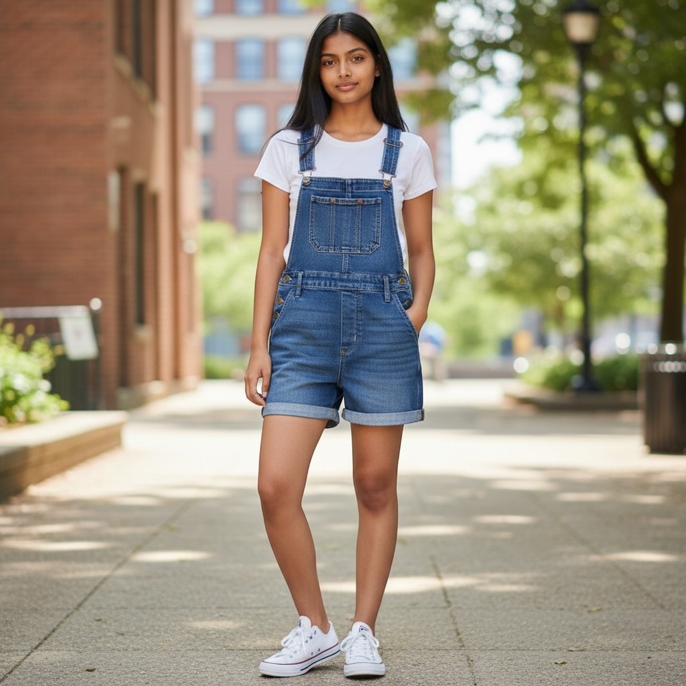 H&M &Denim Shortalls 11-12Y Blue Excellent Cuffed Medium Wash Bib Overalls